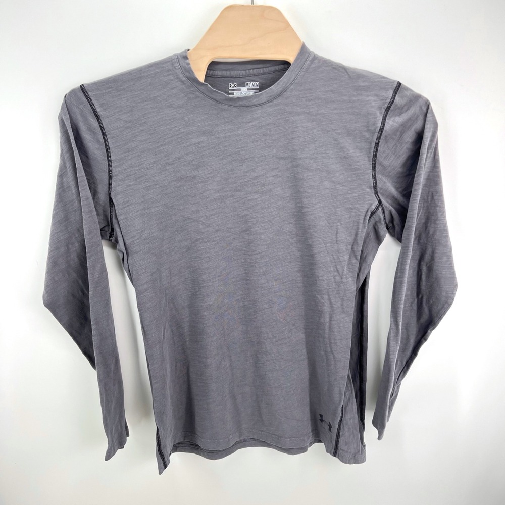 Under Armour HeatGear Shirt Mens Medium Gray Slub Long Sleeve Loose Fit Cotton